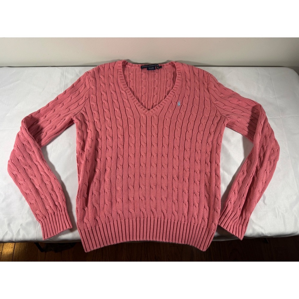 Ralph Lauren Sport Pink Cable Knit V-Neck Cotton Sweater XL Pony Logo